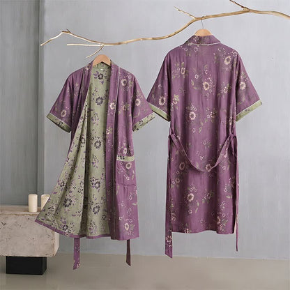 Kimono vintage in cotone con stampa floreale viola - image 1