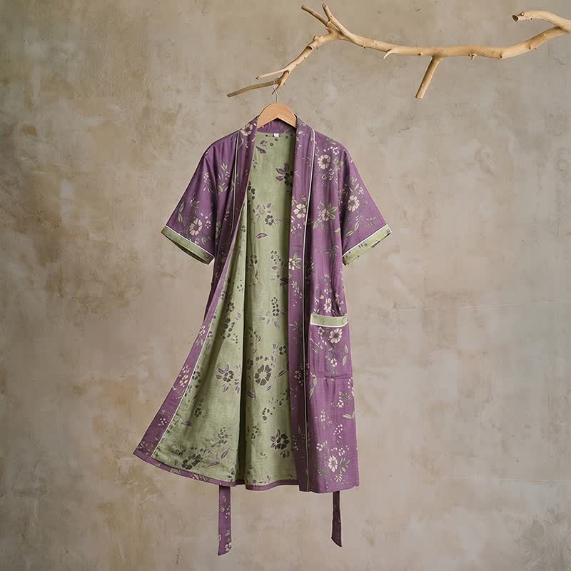 Kimono vintage in cotone con stampa floreale viola - XL - image 0