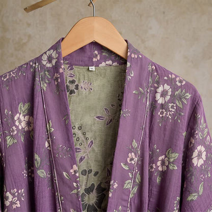 Kimono vintage in cotone con stampa floreale viola - image 4