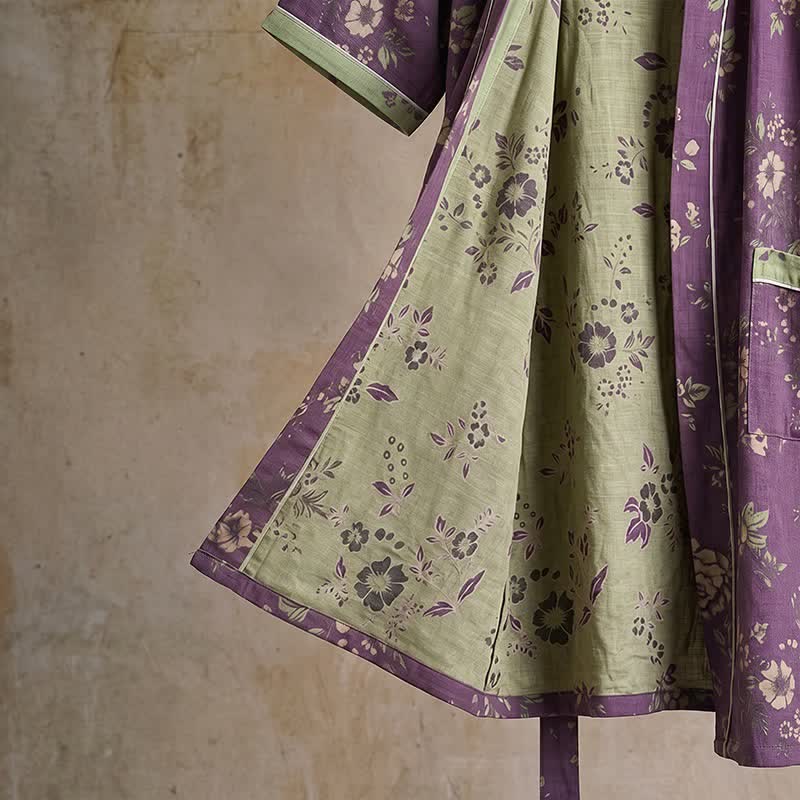 Kimono vintage in cotone con stampa floreale viola - image 5