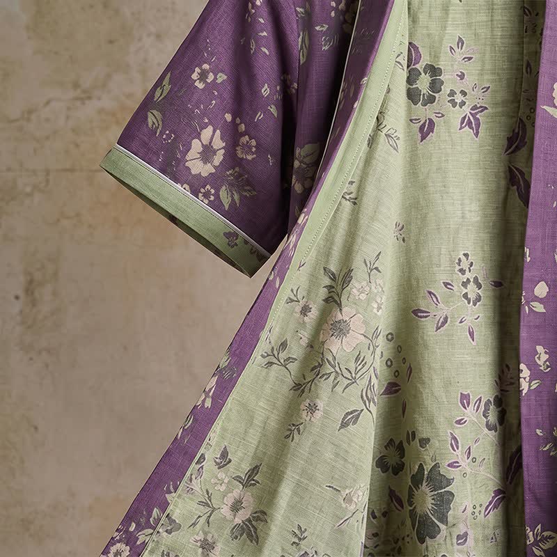 Kimono vintage in cotone con stampa floreale viola - image 6