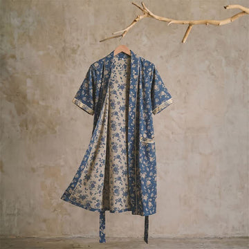 Kimono vintage blu indaco con stampa floreale - XL - image 0