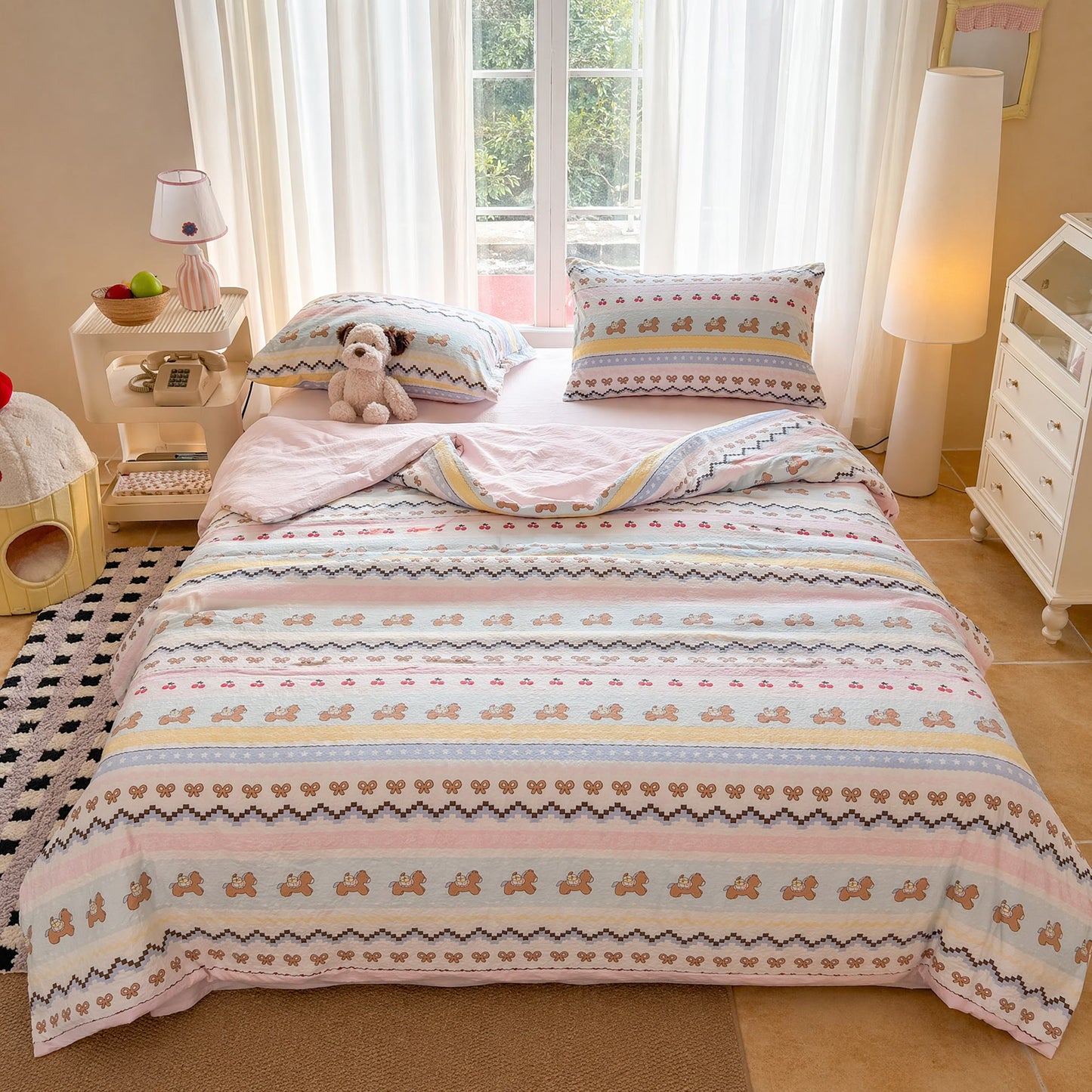 Set di biancheria da letto in cotone lavato con orsetto e fiocco rosa - Colorato - Matrimoniale - Set di biancheria da letto - image 0