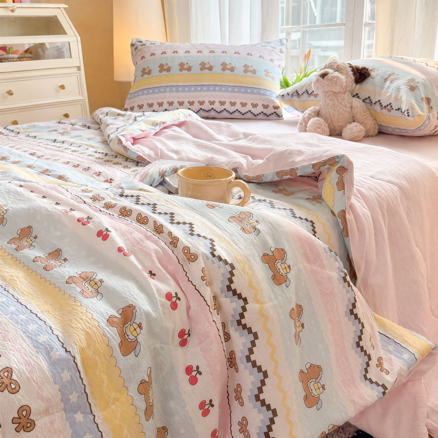 Set di biancheria da letto in cotone lavato con orsetto e fiocco rosa - image 2