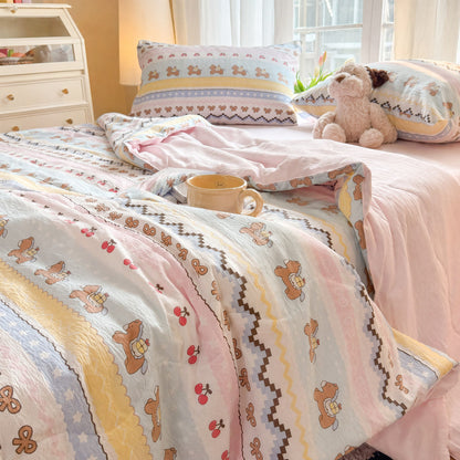 Set di biancheria da letto in cotone lavato con orsetto e fiocco rosa - image 2
