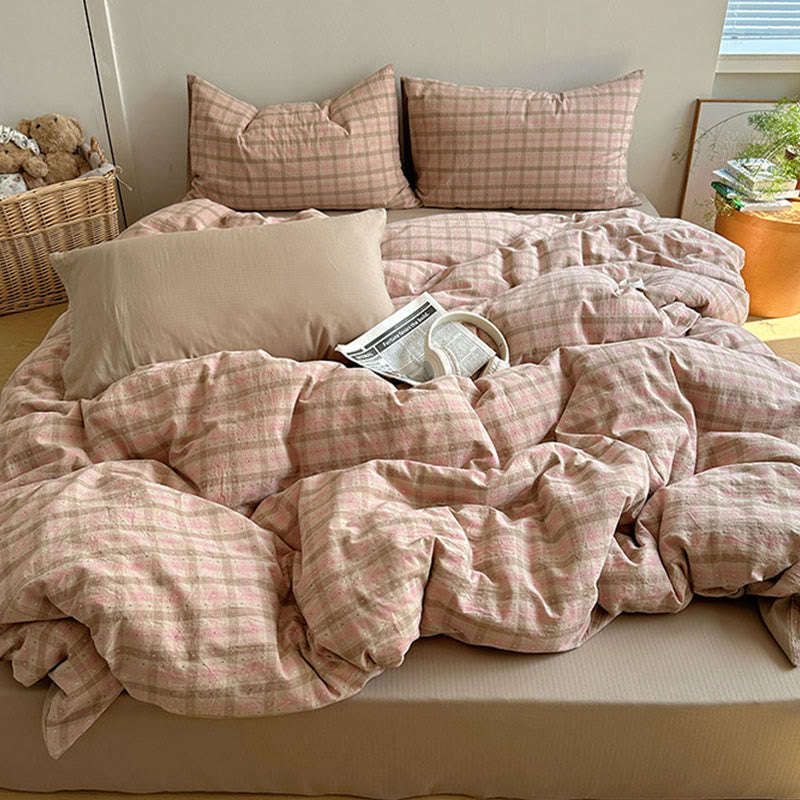 Set di biancheria da letto in cotone a quadretti rosa tenue - Rosa e marrone - Matrimoniale Grande - Lenzuolo con angoli - image 0