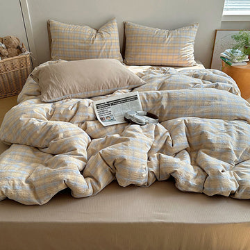 Set di biancheria da letto moderno a righe in cotone lavato - Blu e marrone - Matrimoniale Grande - Lenzuolo con angoli - image 0