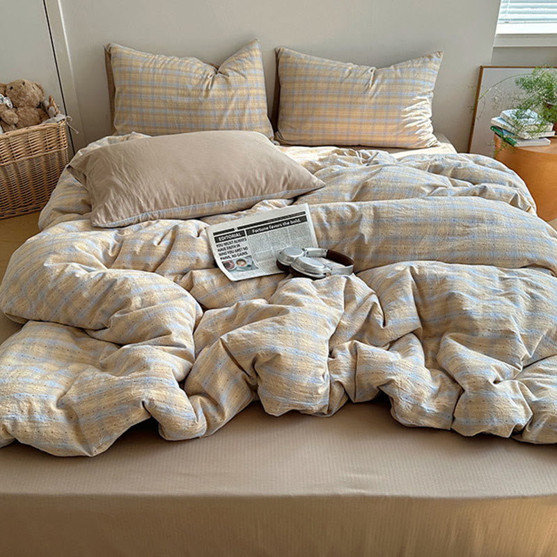 Set di biancheria da letto moderno a righe in cotone lavato - Blu e marrone - Matrimoniale Grande - Lenzuolo con angoli - image 0