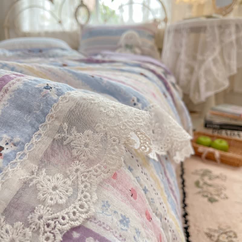 Set di biancheria da letto in cotone con bordo in pizzo color pastello - image 3