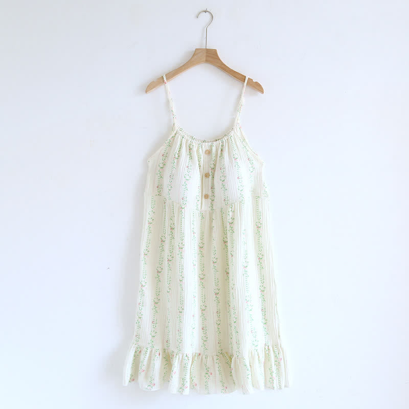 Camicia da notte in cotone con volant e motivo floreale a foglie fresche - Bianco - XL - image 0