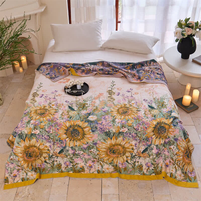 Coperta/trapunta vintage in garza di cotone con motivo girasoli - Matrimoniale - image 0