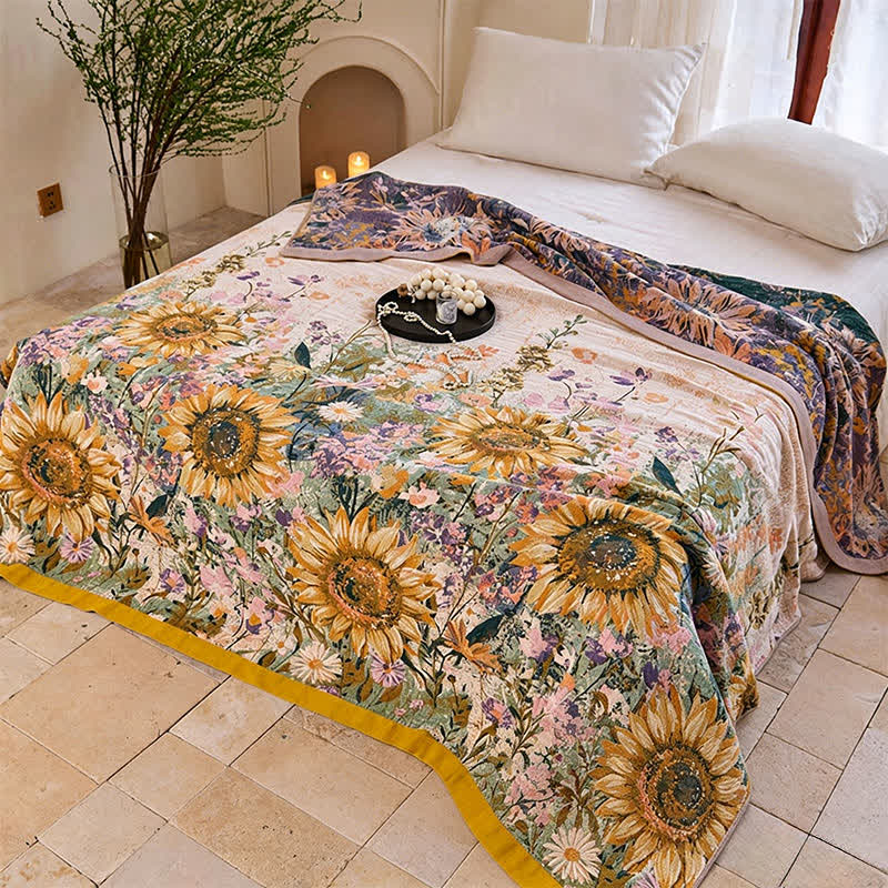 Coperta/trapunta vintage in garza di cotone con motivo girasoli - image 1