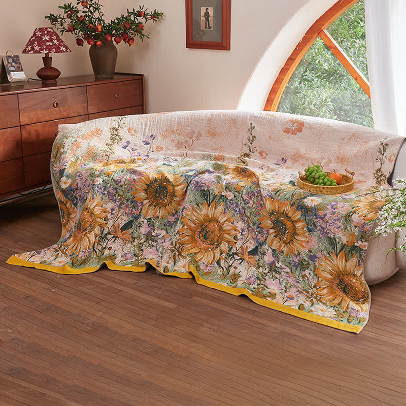Coperta/trapunta vintage in garza di cotone con motivo girasoli - image 3