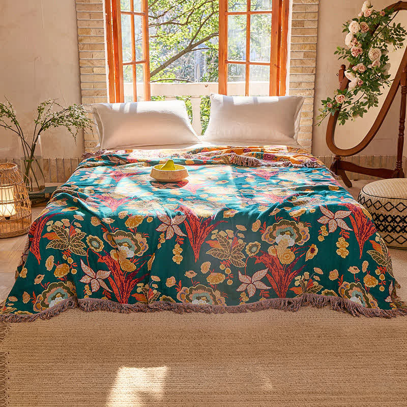 Trapunta coperta Boho reversibile in garza di cotone con nappe - image 1