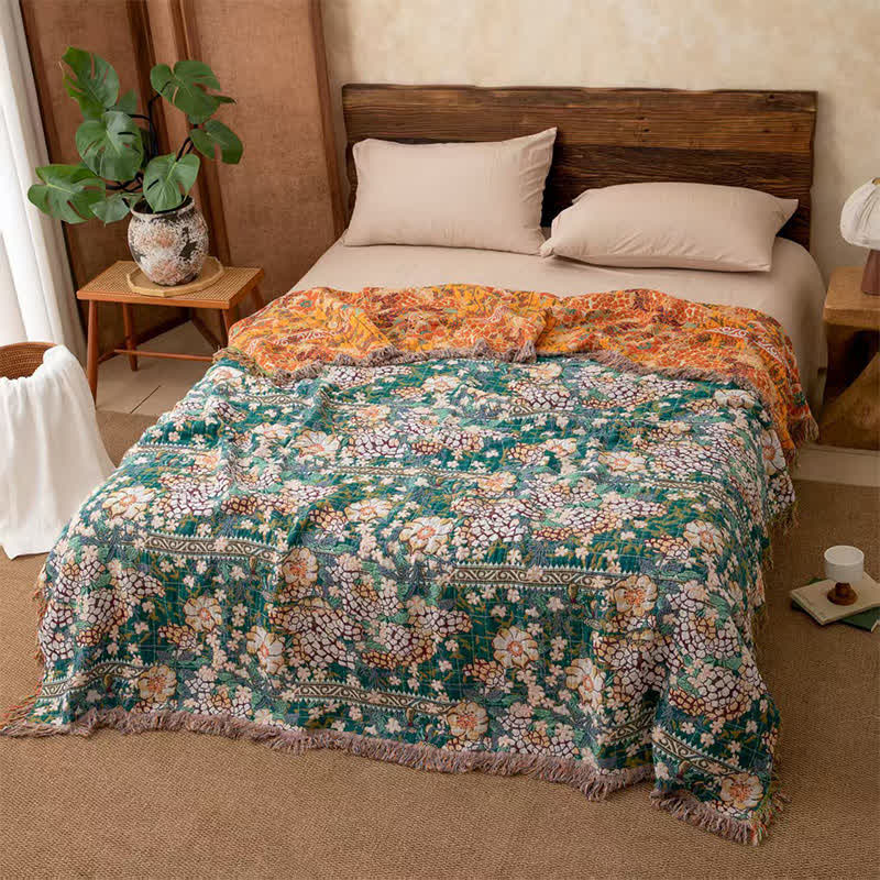 Trapunta reversibile in mussola con motivi botanici e frange in stile retrò - Matrimoniale Grande - image 0