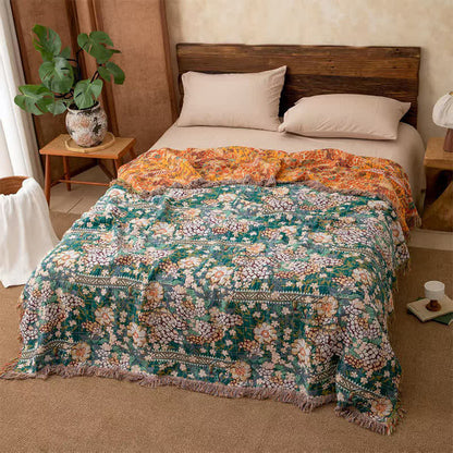 Trapunta reversibile in mussola con motivi botanici e frange in stile retrò - Matrimoniale Grande - image 0