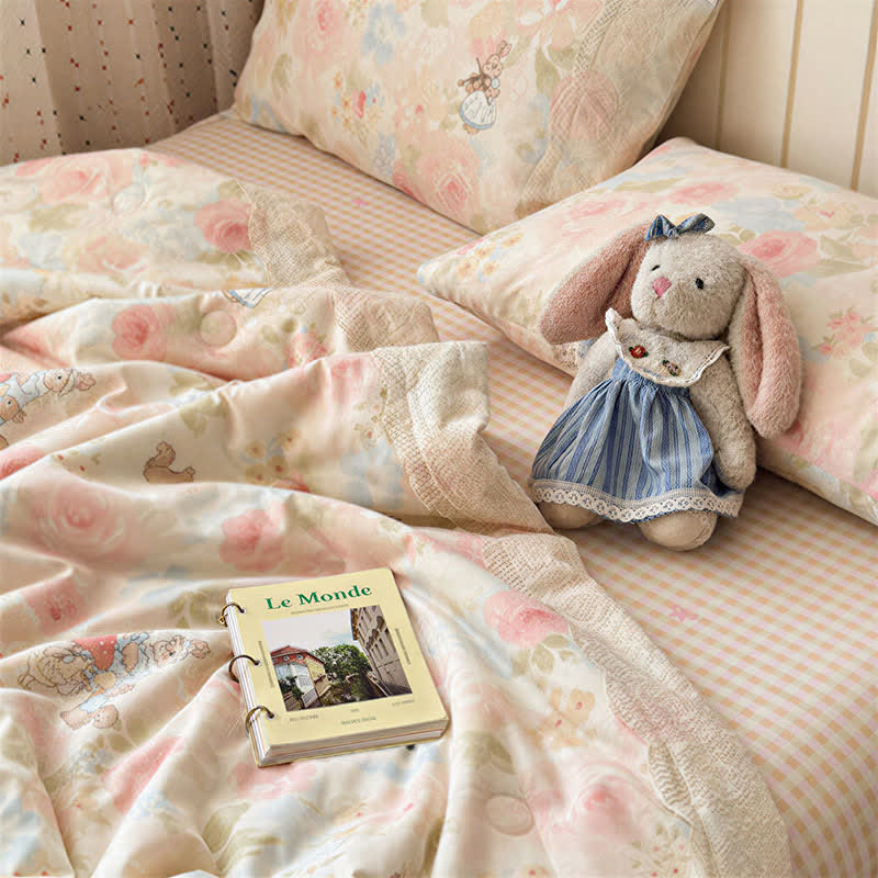 Set di biancheria da letto in cotone con coniglietto in pizzo color crema - image 2