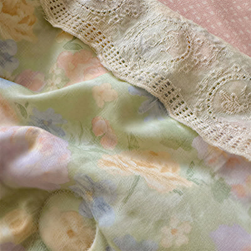 Set di biancheria da letto in cotone con motivo floreale e pizzo - image 3