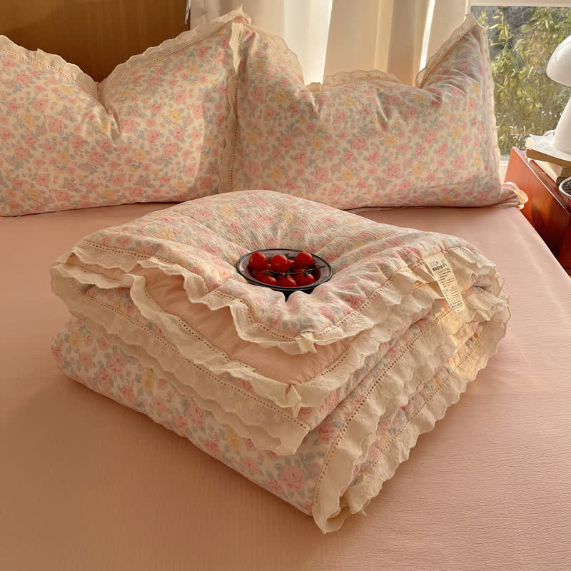 Set di biancheria da letto estivo rosa cipria con volant e pizzo - Rosa - Matrimoniale - Set di biancheria da letto - image 0