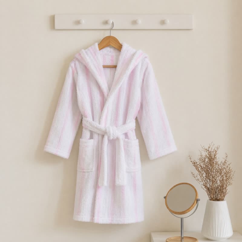 Accappatoio con cappuccio per bambini in cotone a righe rosa - Rosa - Taglia per bambini: 140-155 cm (55-61 pollici) - image 0
