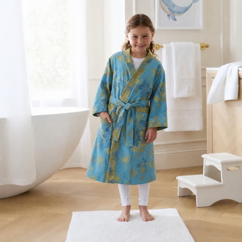 Kimono da bambino in cotone blu con stampa floreale, accappatoio - image 1