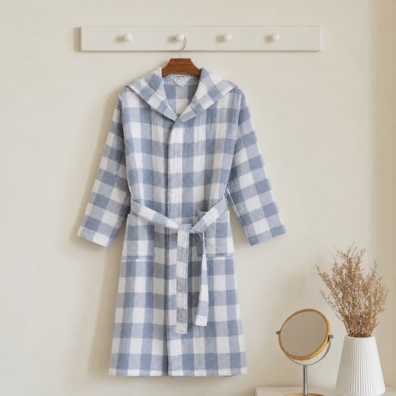 Accappatoio da bambino in cotone con cappuccio a quadri - Blu - Taglia per bambini: 160–170 cm (63–67 pollici) - image 6