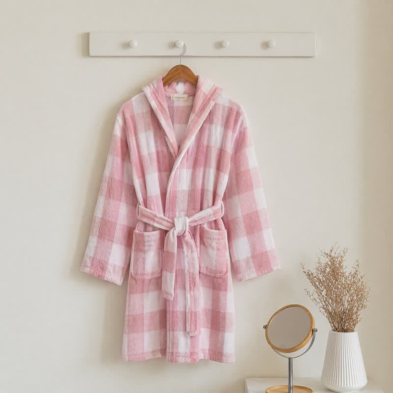 Accappatoio da bambino in cotone con cappuccio a quadri - Rosa - Taglia per bambini: 160–170 cm (63–67 pollici) - image 0