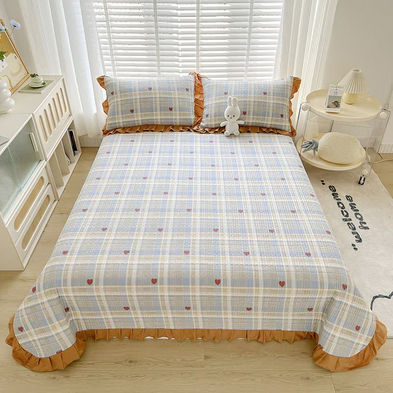 Copriletto in twill di cotone con stampa a quadri e cuori - Blu - 2 federe - 48cm x 74cm - image 0