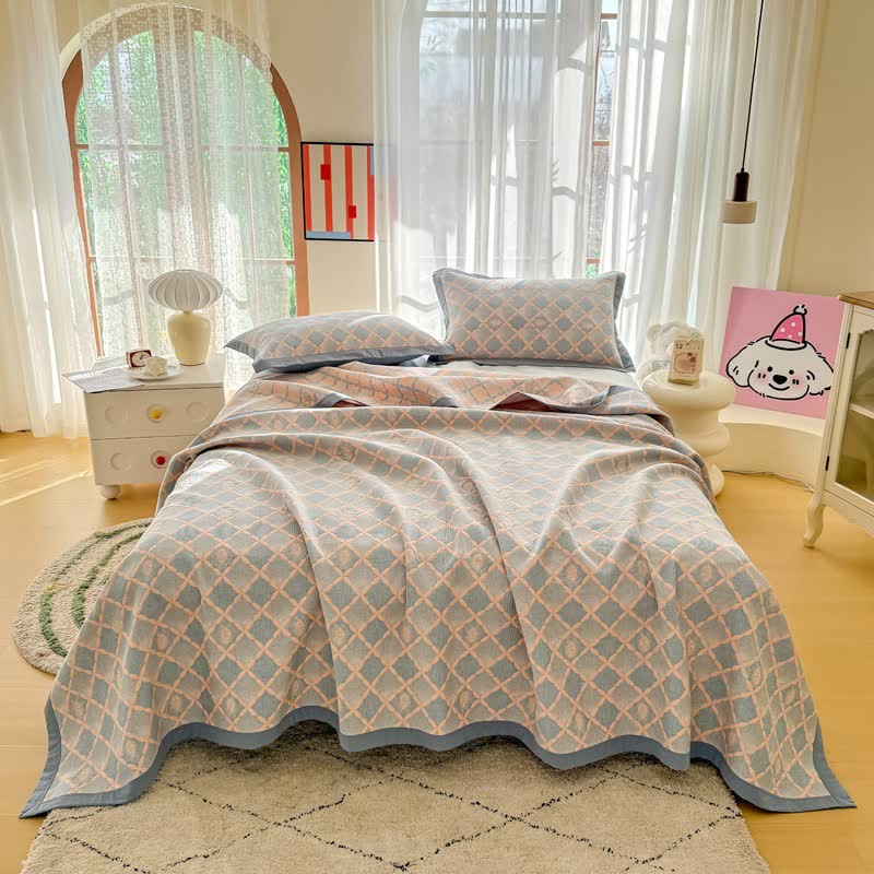 Trapunta reversibile in garza di cotone jacquard con motivo a reticolo - Trapunta con 2 asciugamani - Matrimoniale Grande - image 0