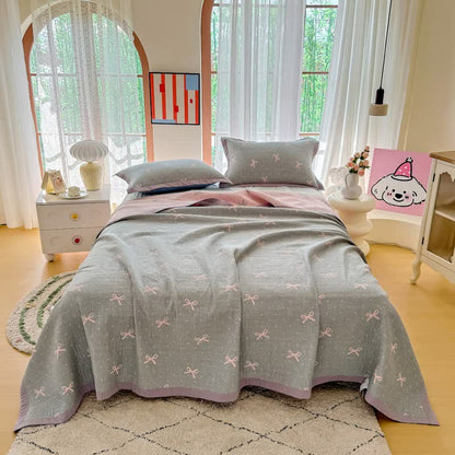 Trapunta reversibile in garza di cotone jacquard con motivo a fiocco - Trapunta con 2 asciugamani - Matrimoniale Grande - image 0