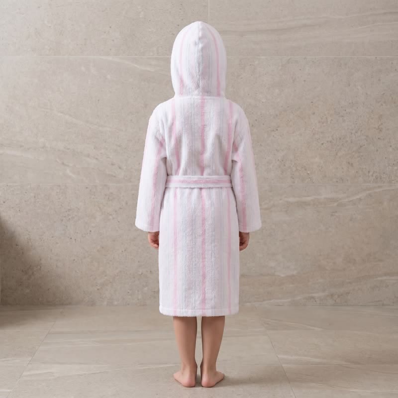 Accappatoio con cappuccio per bambini in cotone a righe rosa - image 2