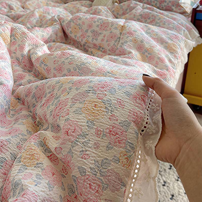 Set di biancheria da letto estivo rosa cipria con volant e pizzo - image 3