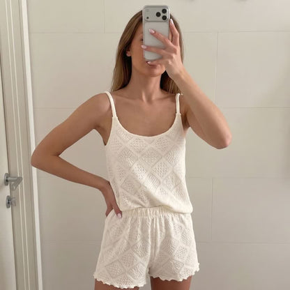Set pigiama con canotta e pantaloncini in jacquard beige - image 1