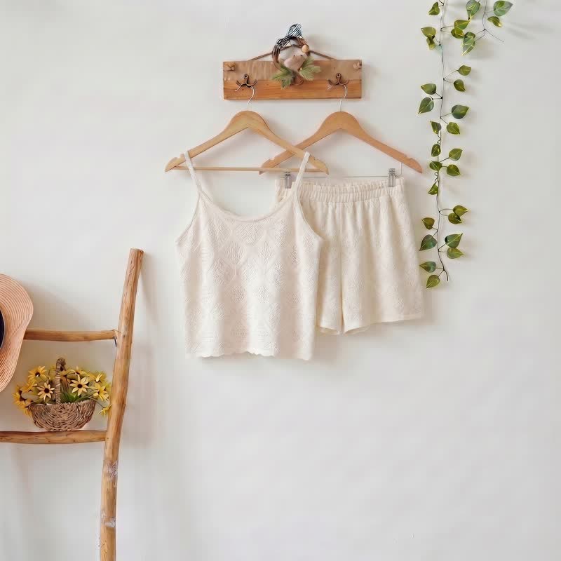 Set pigiama con canotta e pantaloncini in jacquard beige - image 2