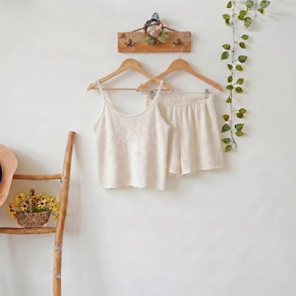 Set pigiama con canotta e pantaloncini in jacquard beige - image 2