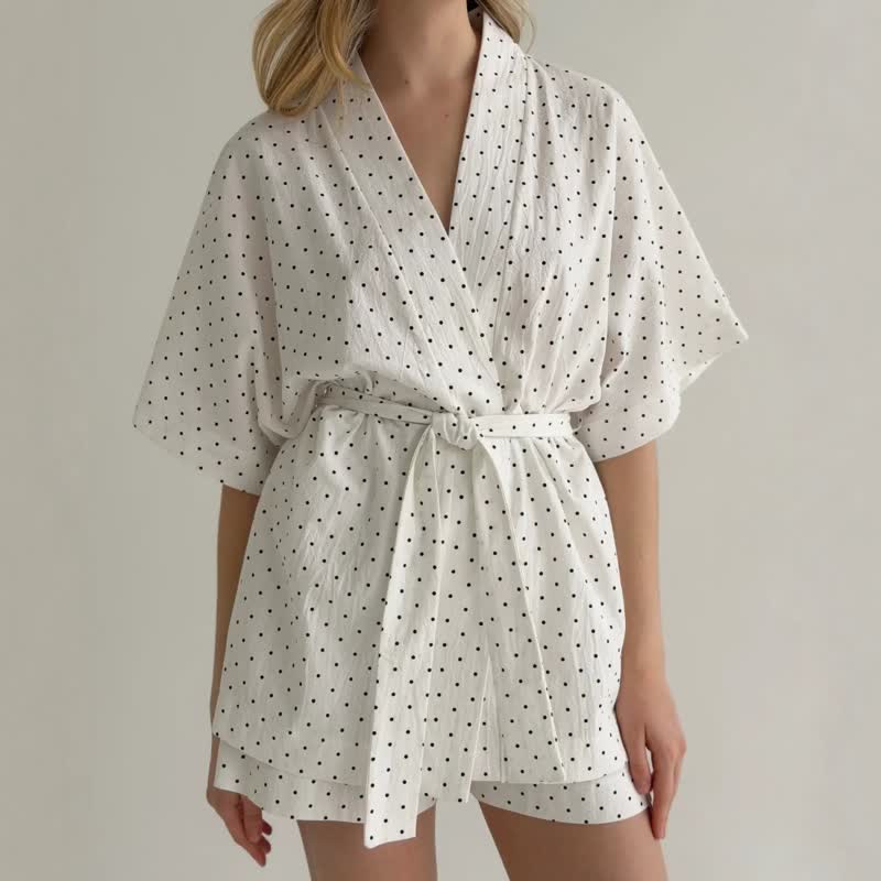 Completo pigiama kimono in cotone a pois - image 1