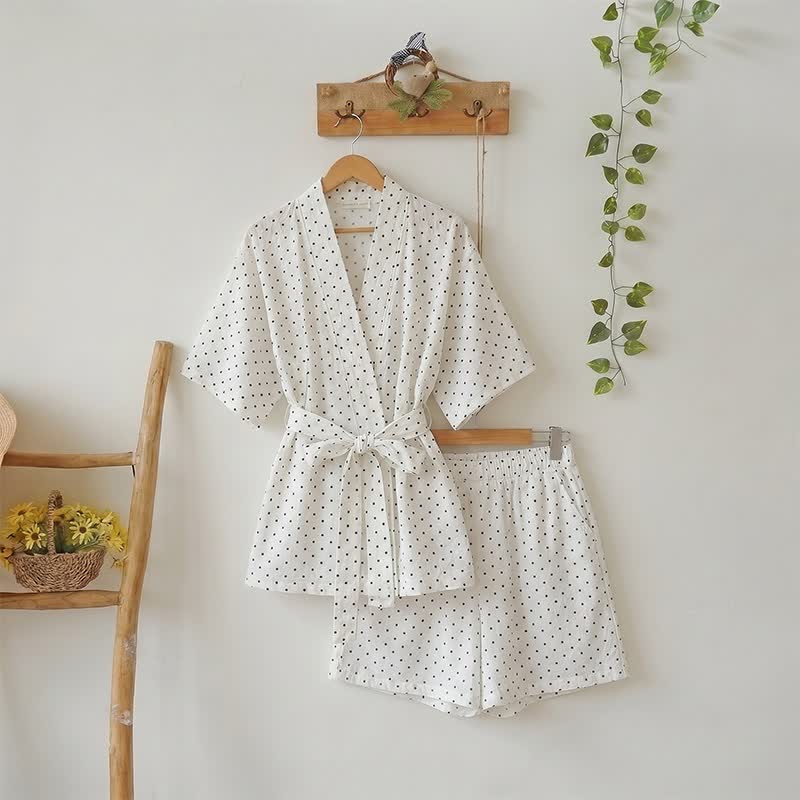 Completo pigiama kimono in cotone a pois - Bianco - L - image 0