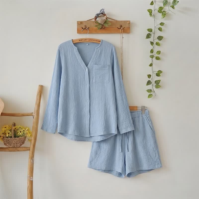 Completo pigiama composto da maglia a maniche lunghe e pantaloncini - Blu - L - image 0
