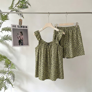 Completo pigiama con canotta a balze e stampa floreale color oliva - Verde - 2XL - image 0