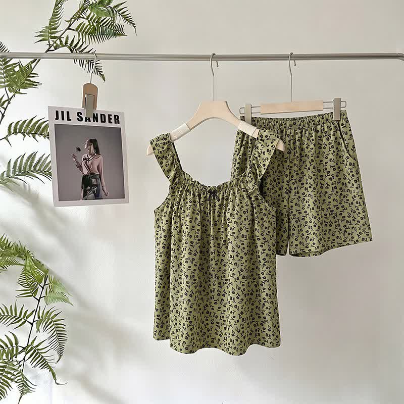 Completo pigiama con canotta a balze e stampa floreale color oliva - Verde - 2XL - image 0