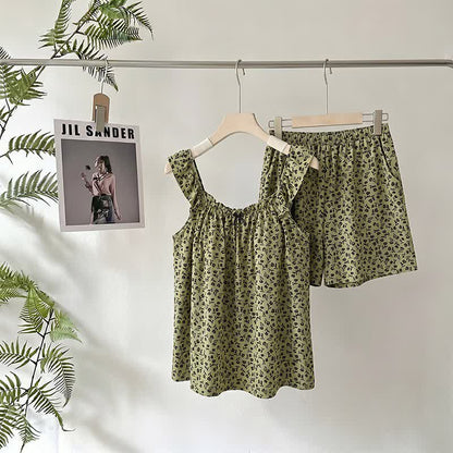 Completo pigiama con canotta a balze e stampa floreale color oliva - Verde - 2XL - image 0