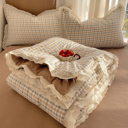 Set di biancheria da letto estivo a quadri marroni con volant e pizzo - Marrone - Matrimoniale - Set di biancheria da letto - image 0