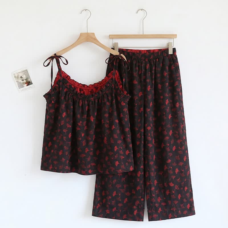 Set pigiama con canotta e foglie di Ginkgo Biloba - Nero e rosso - XL - image 13