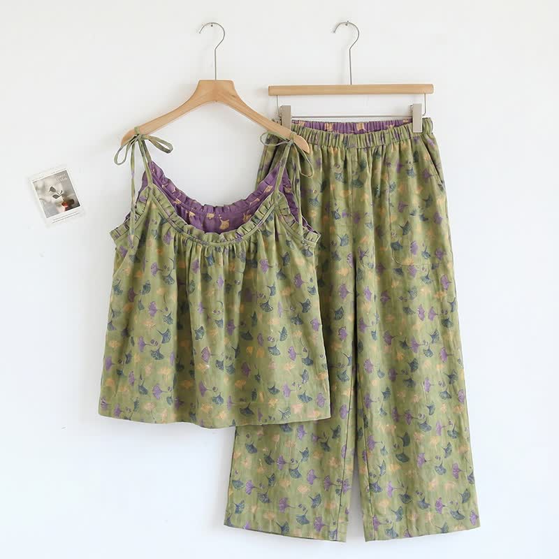 Set pigiama con canotta e foglie di Ginkgo Biloba - Verde e viola - XL - image 9