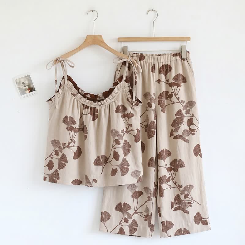 Elegante set pigiama in cotone Ginkgo Cami - Beige e caffè - XL - image 6