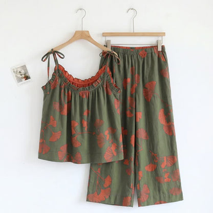Elegante set pigiama in cotone Ginkgo Cami - Verde e arancione brillante - XL - image 16
