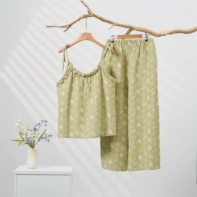 Pigiama in cotone con foglie di ginkgo fresche - image 0