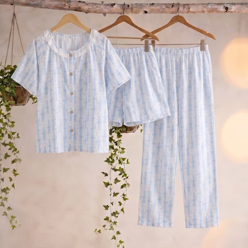 Pigiama in cotone blu con stampa a fiocco e volant (3 pezzi) - Blu - XL - image 0