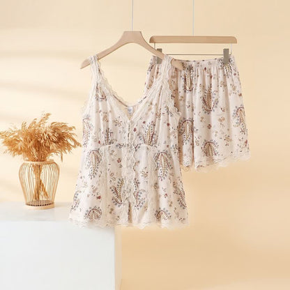 Completo da casa in cotone e pizzo con stampa floreale francese - Bianco - 3XL - image 0