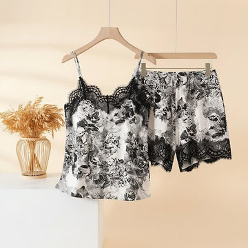 Completo vintage con canotta e pantaloncini in pizzo floreale. - Grigio - 3XL - image 0